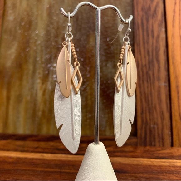 Double Metal Feather Dangle Earrings Mostly Silver - Picture 2 of 4
